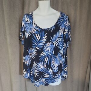 Michel Studio 2x Navy and White Tropical Print Top